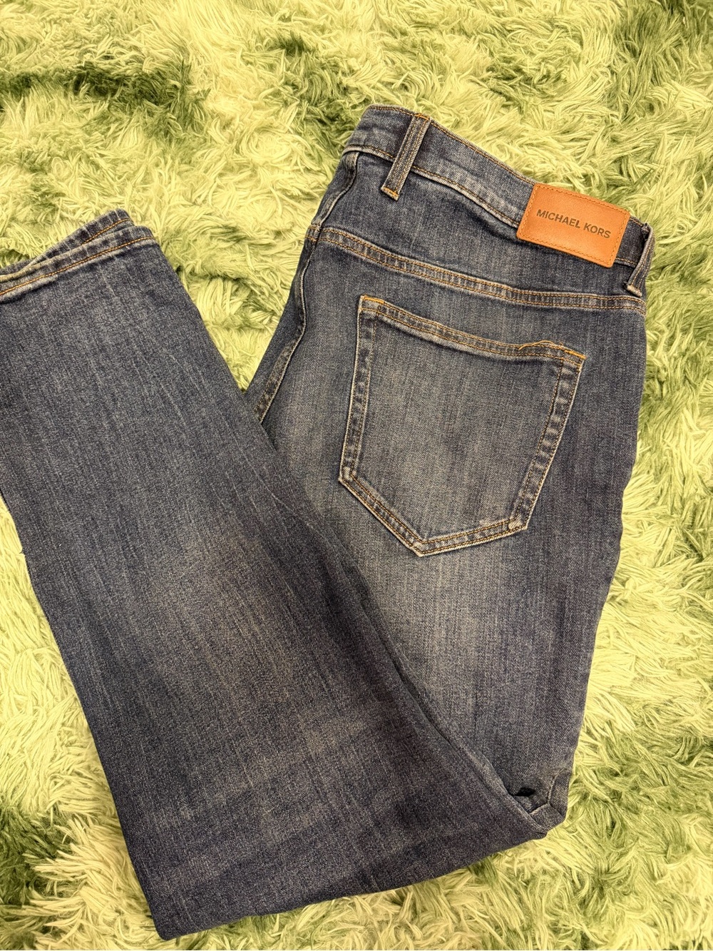 Michael Kors Men's Straight-Leg Denim Jeans in Blue with Tan Leather Patch